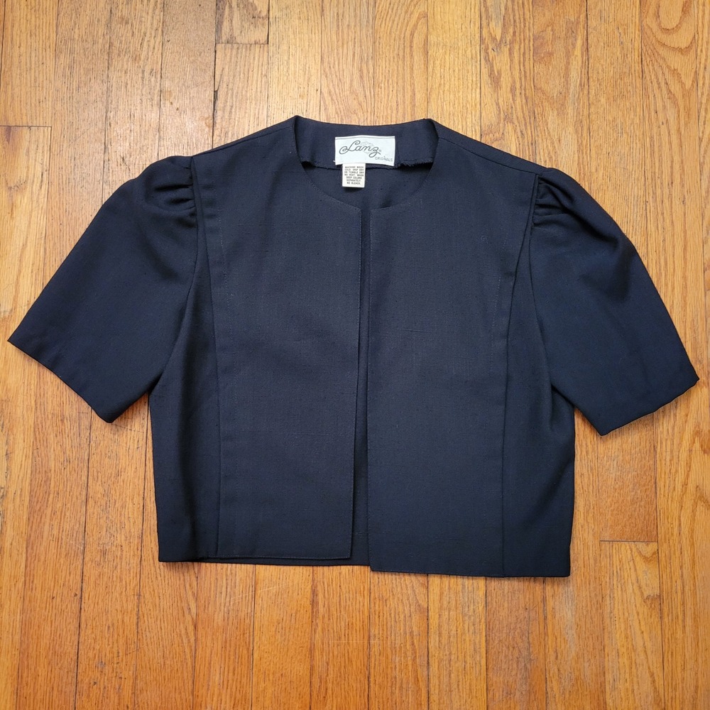 Lanz M Vintage Cropped Jacket Black Short Puff Sleeve Open Front Bolero Modest